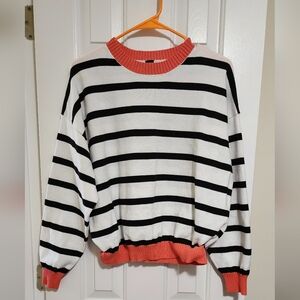 SHEIN Black and White Striped Sweater with Orange Trim